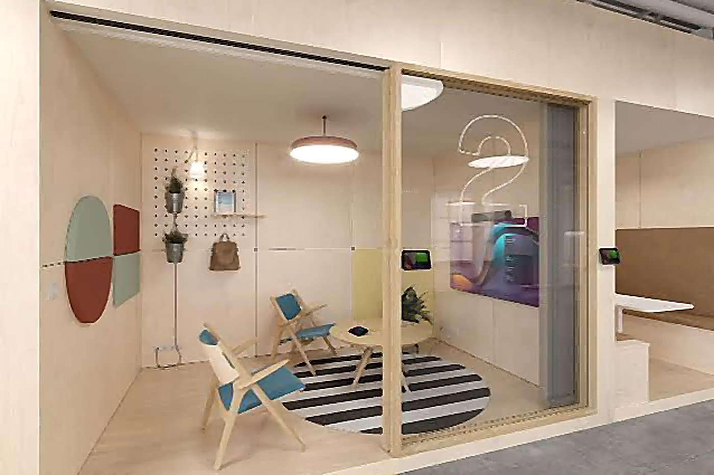 A Logitech-equipped huddle pod for quick two-person meetings
