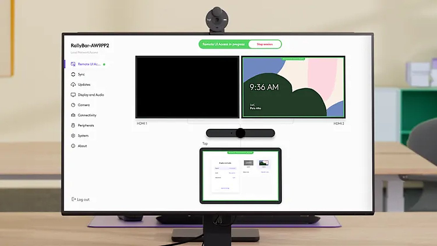 A room display showing the Logitech video bar management interface loading=