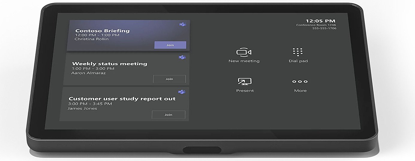 Logitech Tap touch controller showing the room schedule loading=