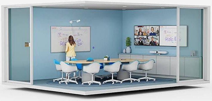 A smart meeting space with whiteboard, video bar and dual displays