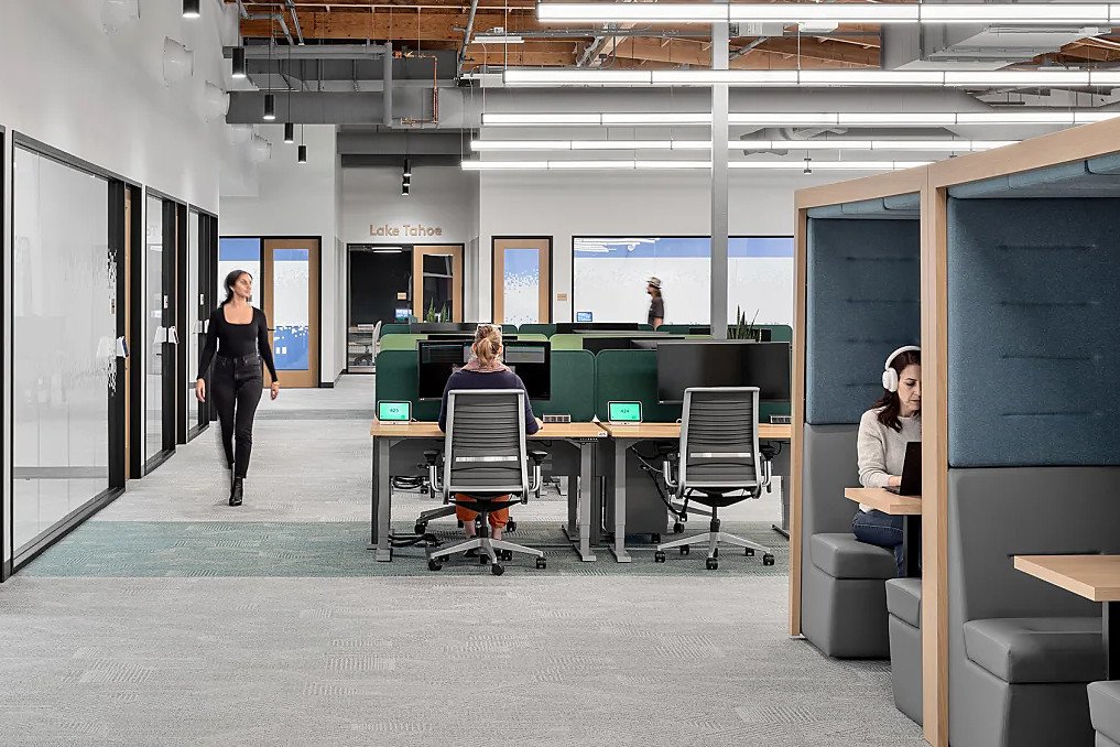 A hybrid workplace with open desks, focus pods and bookable rooms
